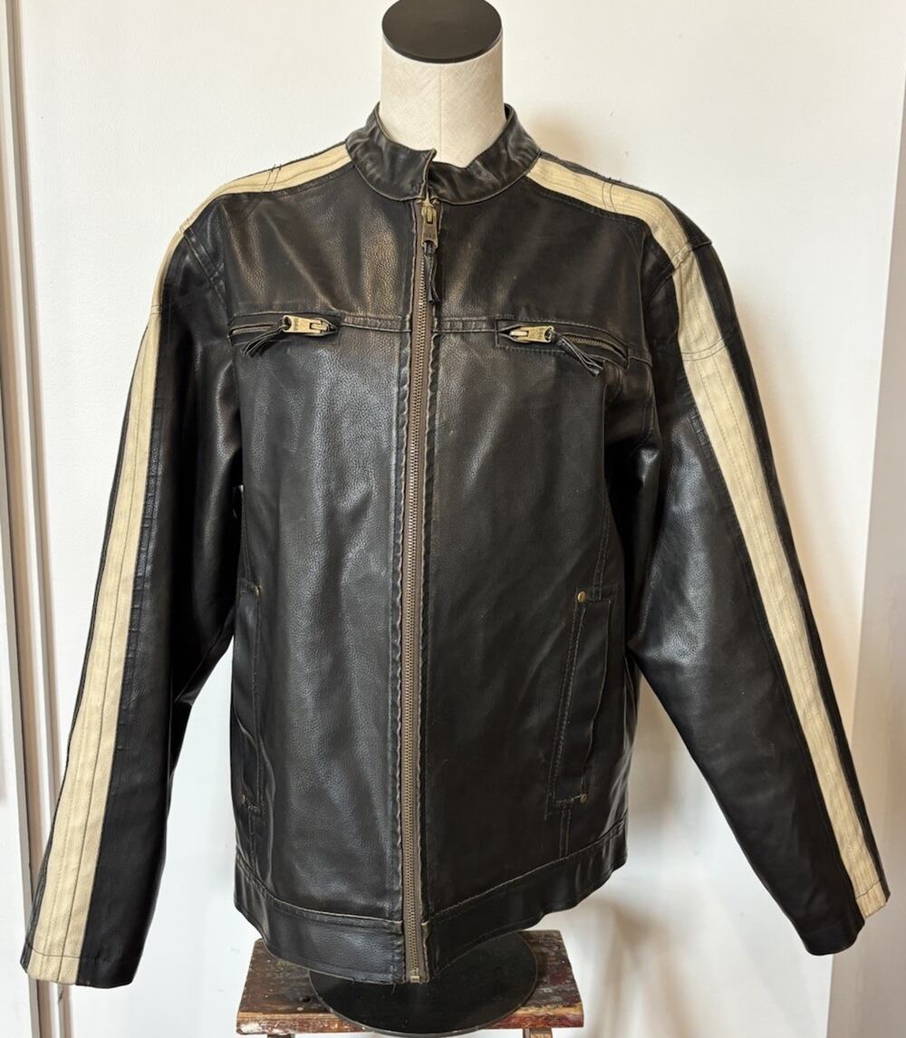 Y2K Arizona Faux Leather Cafe Racer Motorcycle Jacket Mens Size M Black Stripe